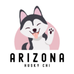 Adorable Arizona Husky Chihuahua logo featuring a playful Husky face with text reading “Arizona Husky Chi.”