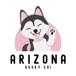 Adorable Arizona Husky Chihuahua logo featuring a playful Husky face with text reading “Arizona Husky Chi.”